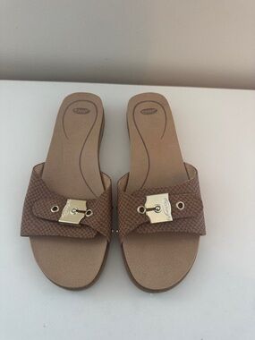 Dr. Scholl's Brown Slide Sandals with Gold Accent